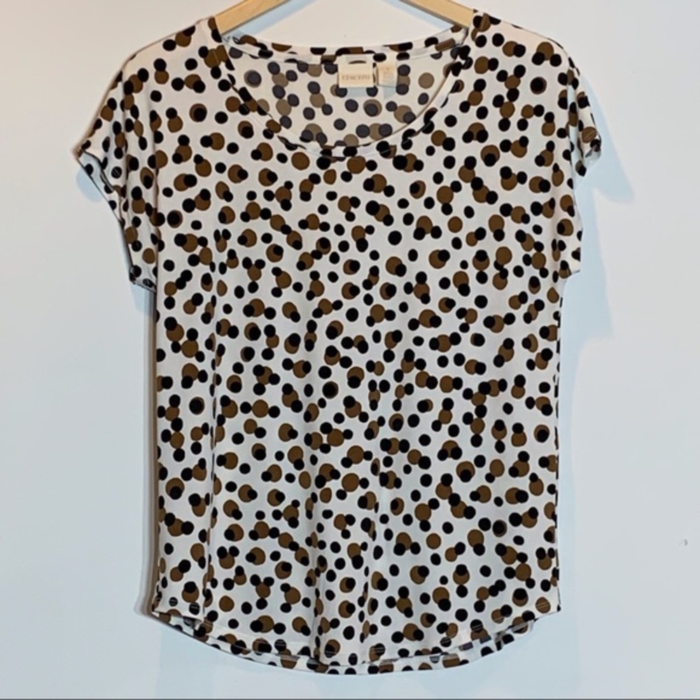 EUC Chico’s Cream With‎ Brown and Black Polka Dot Blouse Size 1